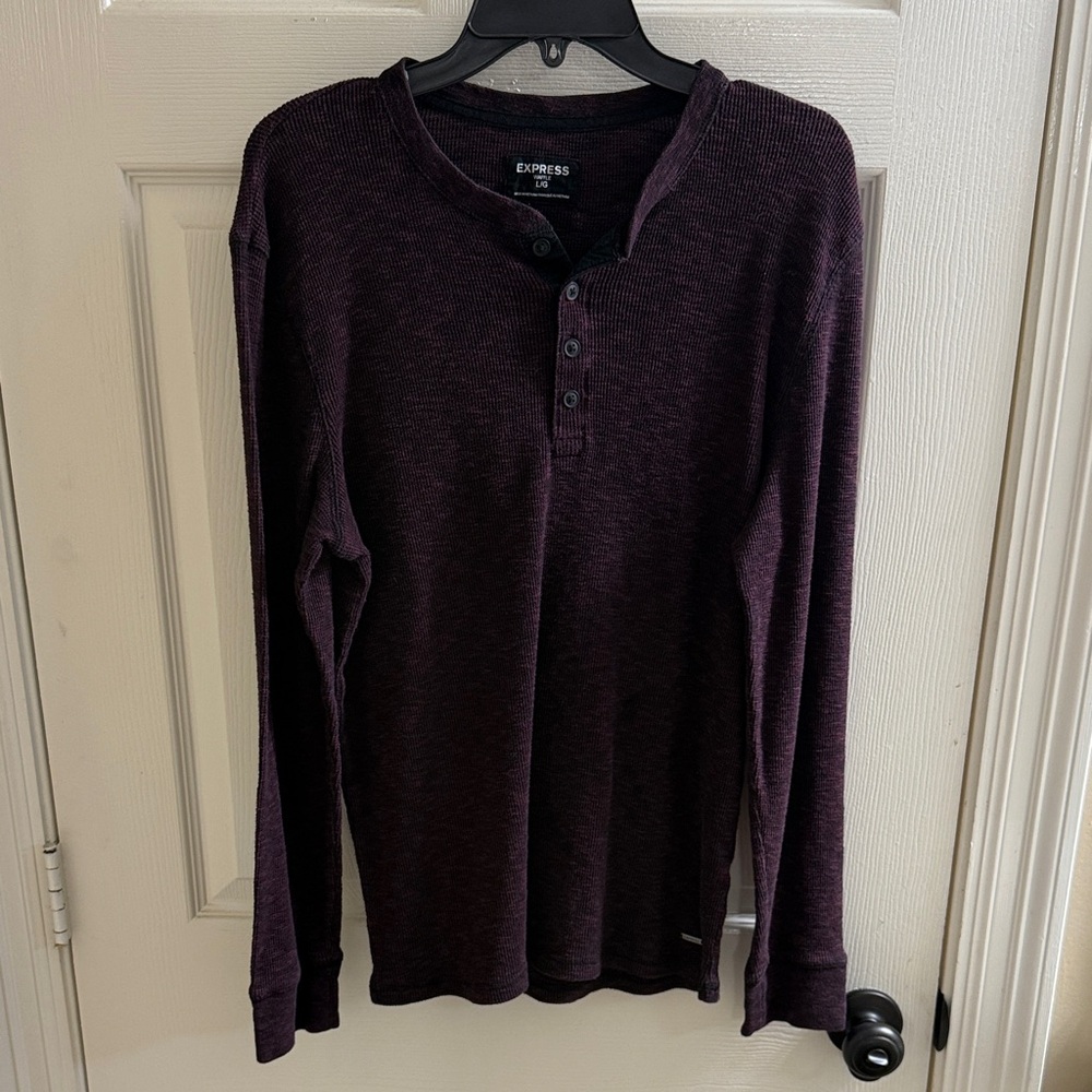 Express Men's Dark Purple Long Sleeve Henley